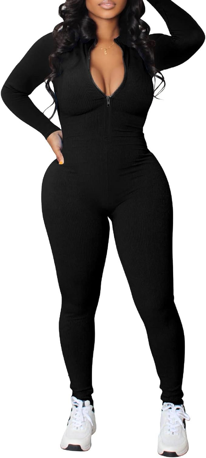 Women's One Piece Bodycon Yoga Jumpsuit Long Sleeve V-Neck Zipper Front Overalls Romper Sports Outfits