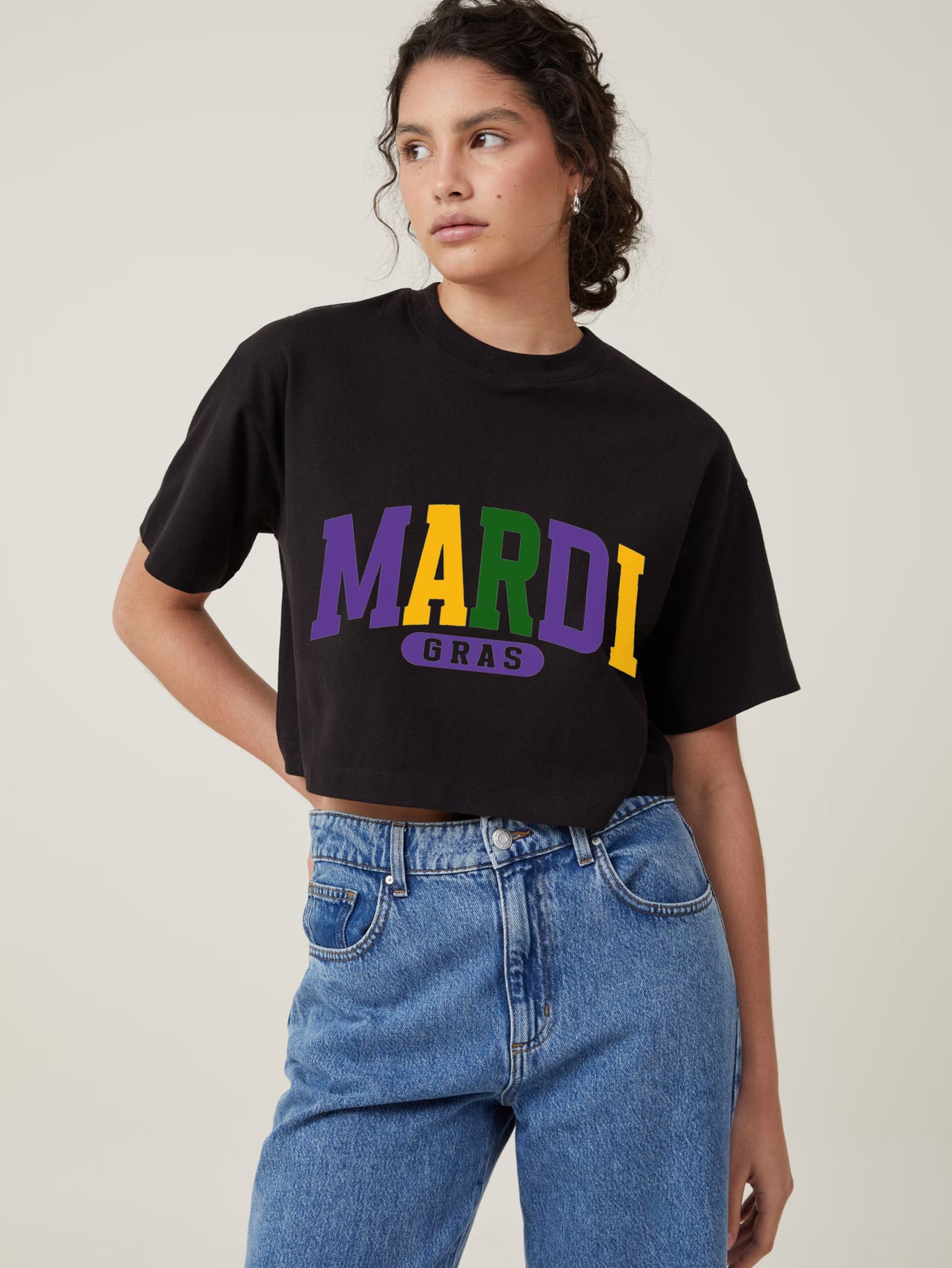 Mardi Gras Oversized Short Sleeve Crop Graphic T-Shirt