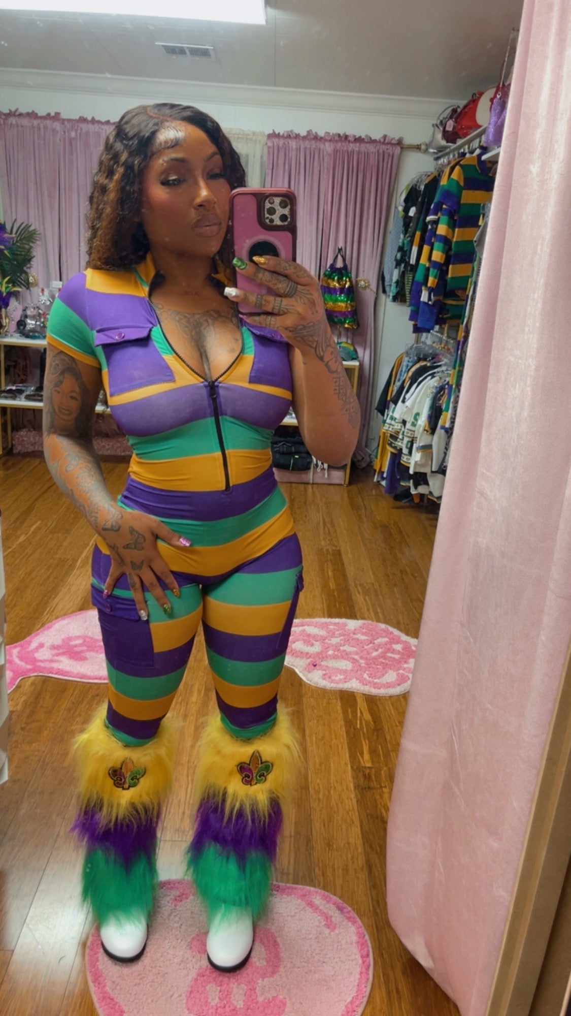MARDI GRAS SHORT SLEEVE ONE PIECE JUMPSUIT