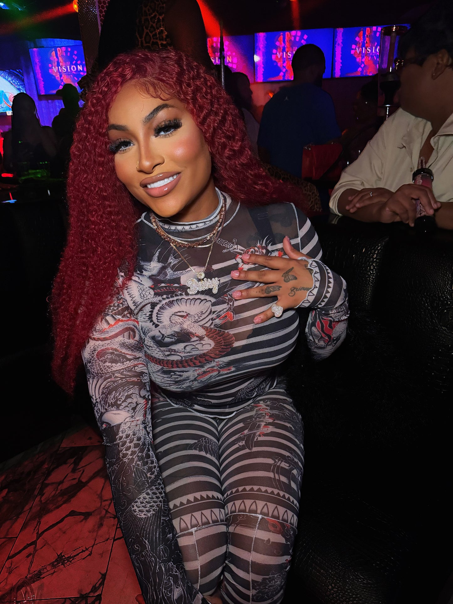 Two Piece Sets for Women Floral Dragon Print See Through Mesh Long Sleeve Crop Tops and Pants Sets