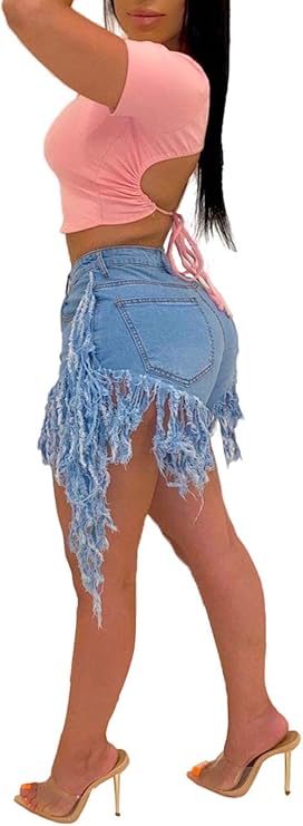 Jean Shorts for Women Juniors, Summer High Waisted Stretchy Frayed Raw Hem Tassels Denim Shorts