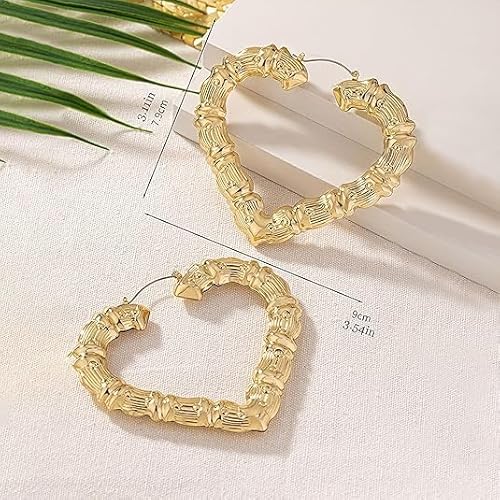 1 PAIR RHINESTONE HEART BAMBOO HOOP EARRINGS WITH RHINESTONES