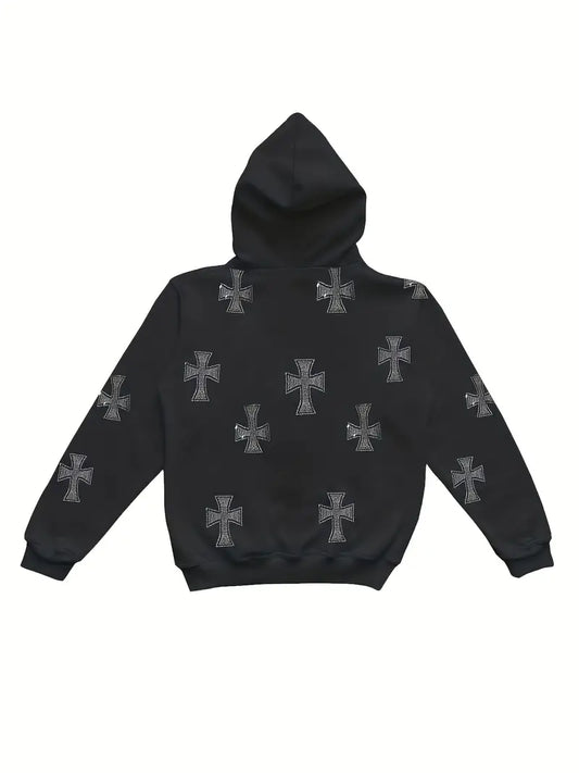 LONG SLEEVE RHINESTONE CROSS ZIP UP HOODIE JACKET