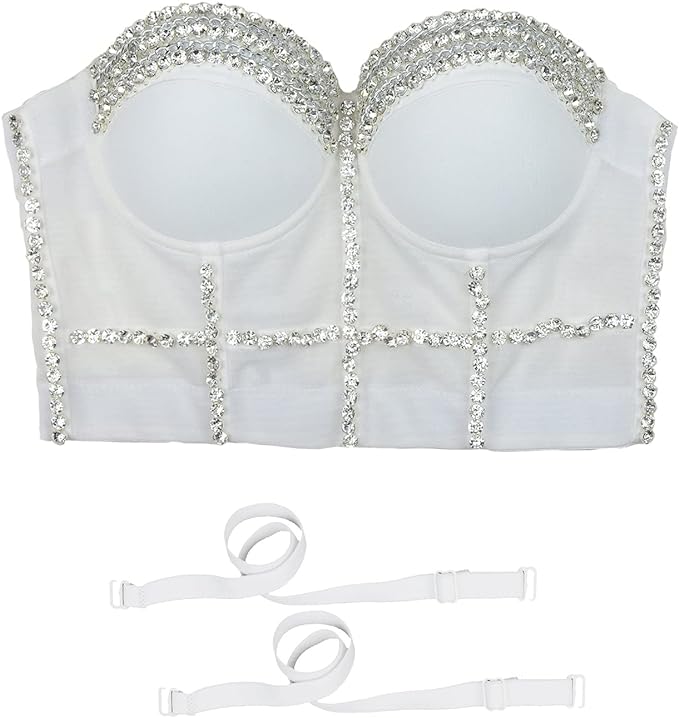 WHITE DIAMOND MESH BUSTIER CORSET CROP TOP