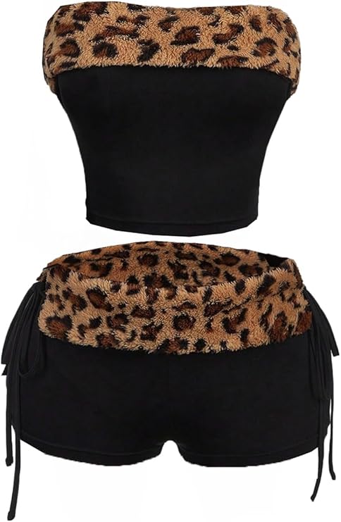 2 Piece Leopard Club Outfits Crop Strapless Tube Top and Shorts
