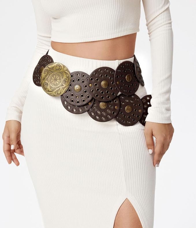 Wide Disc Belt for Women Leather Hollow Out Round Belts Vintage Western Waist Belt