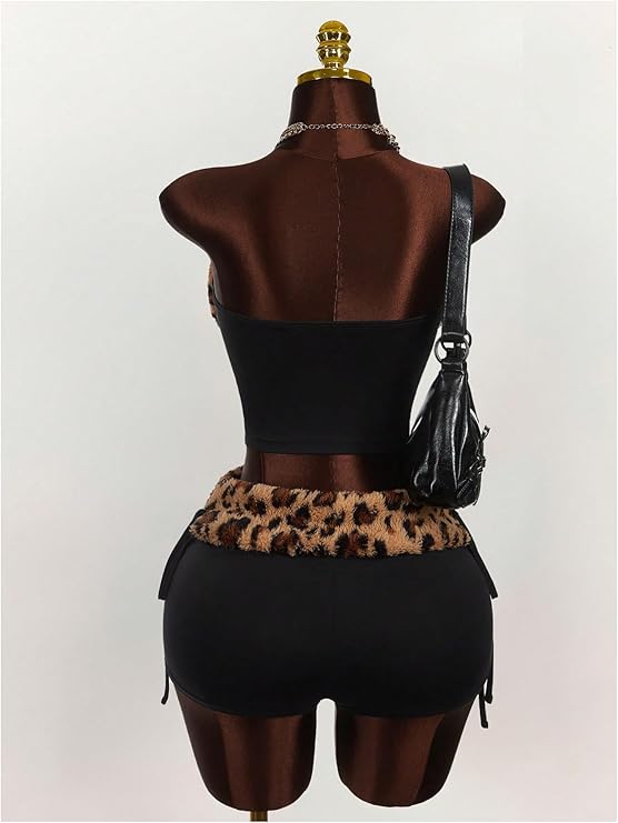 2 Piece Leopard Club Outfits Crop Strapless Tube Top and Shorts