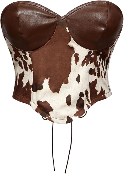 Cow Print PU Leather Top Lace Up Strapless Crop Top