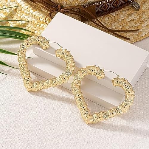 1 PAIR RHINESTONE HEART BAMBOO HOOP EARRINGS WITH RHINESTONES