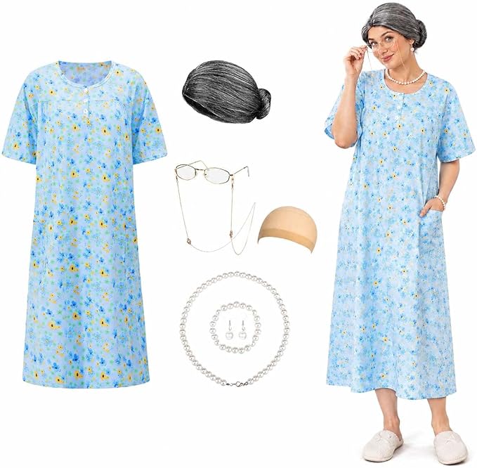 8 Pcs Old Lady Wig Costume Set