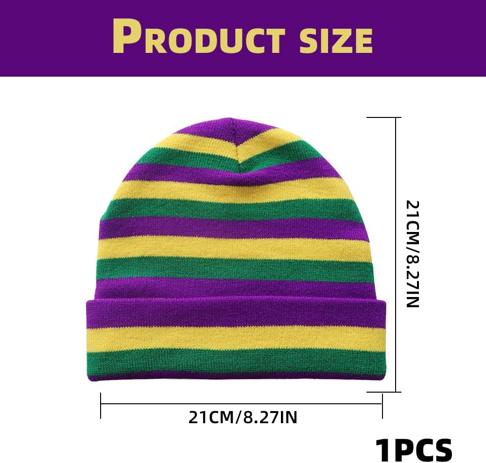 KNITTED STRIPED BEANIE HAT MARDI GRAS