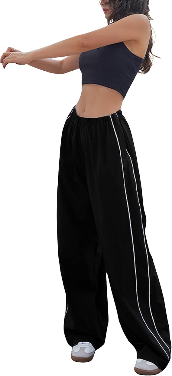 Womens Wide Leg Track Pants Slouchy Stripe Detail Jogger Sweatpants with Pockets