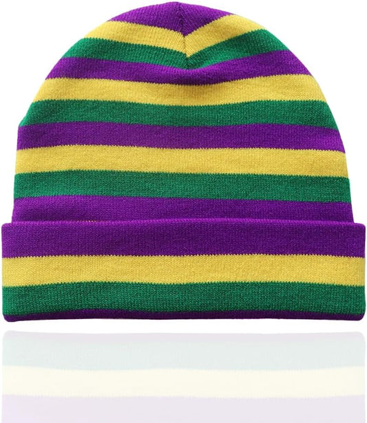 KNITTED STRIPED BEANIE HAT MARDI GRAS