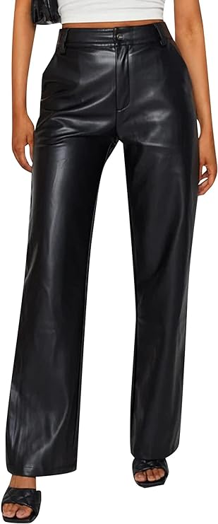 HIGH WAISTED PU LEATHER WIDE HEM PANTS