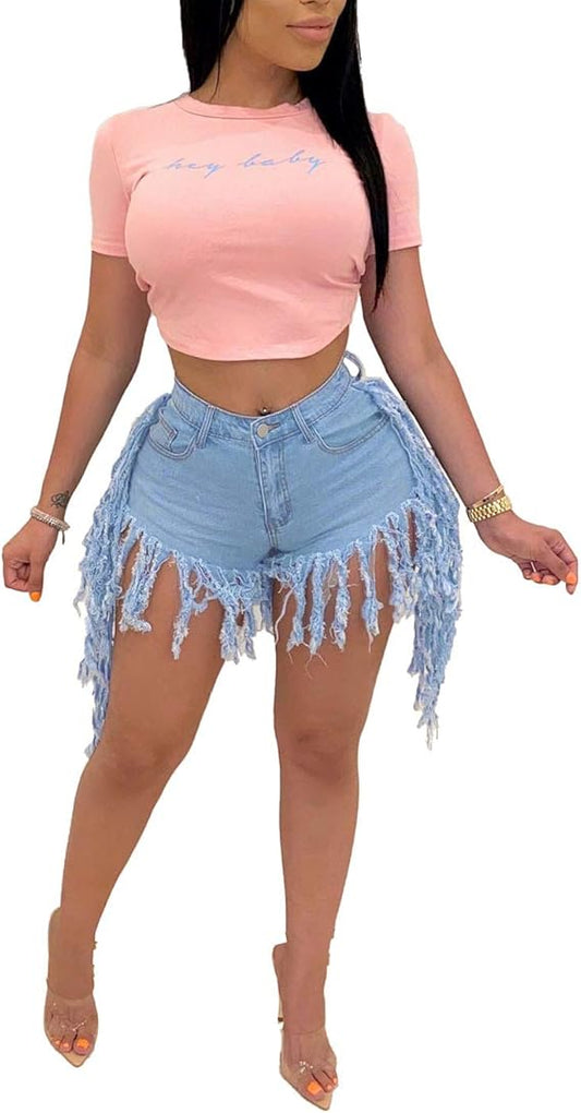 Jean Shorts for Women Juniors, Summer High Waisted Stretchy Frayed Raw Hem Tassels Denim Shorts