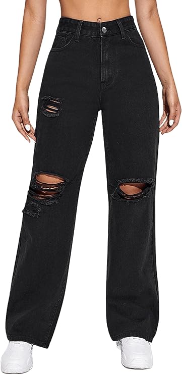 NO BOUNDARIES HIGH WAISTED BLACK DISTRESSED DENIM MOM JEANS