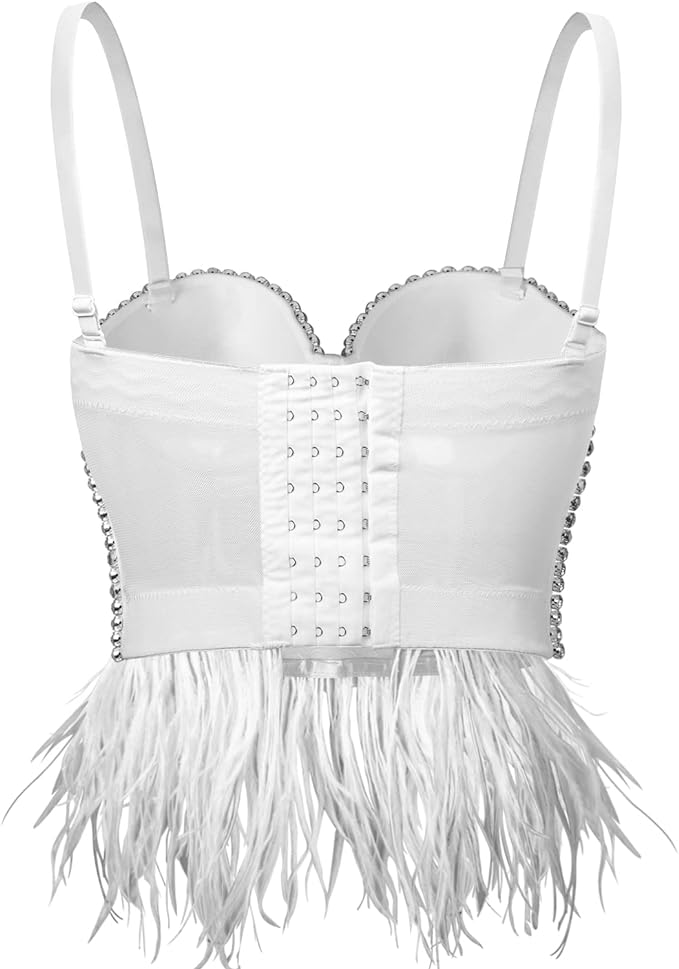 WHITE DIAMOND MESH FEATHER BUSTIER CORSET CROP TOP