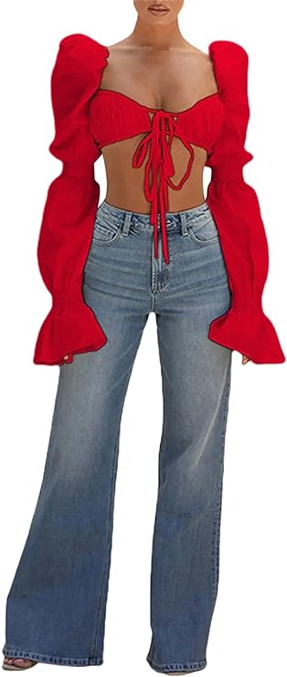 Women's Sexy Self Tie Front Ruched Puff Long Sleeve Crop Top Blouse Red