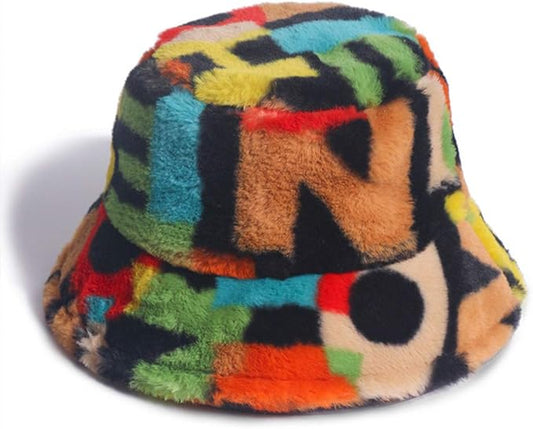 Winter Faux Fur Bucket Hat Fluffy Warm Hat for Women Men Abstract Multicolored Print