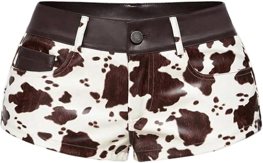 PU Leather Cow Print Low Rise Micro Mini Shorts