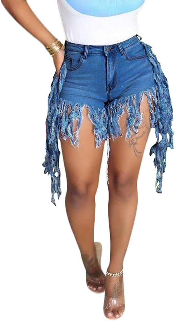 Summer High Waisted Distressed Frayed Raw Hem Tassels Denim Shorts