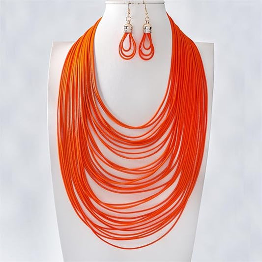 African Multicolor Beaded Layered Chunky Bib Necklace for Women Tassel Wax Line Choker with Earrings Statement Jewelry Set