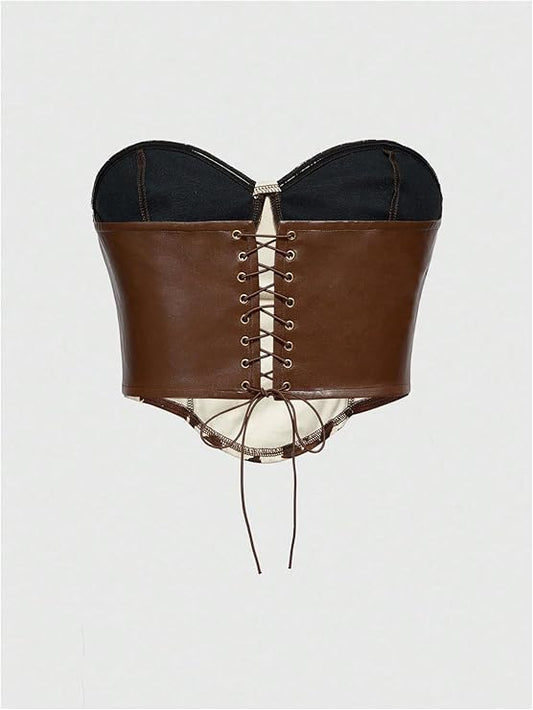 Cow Print PU Leather Top Lace Up Strapless Crop Top