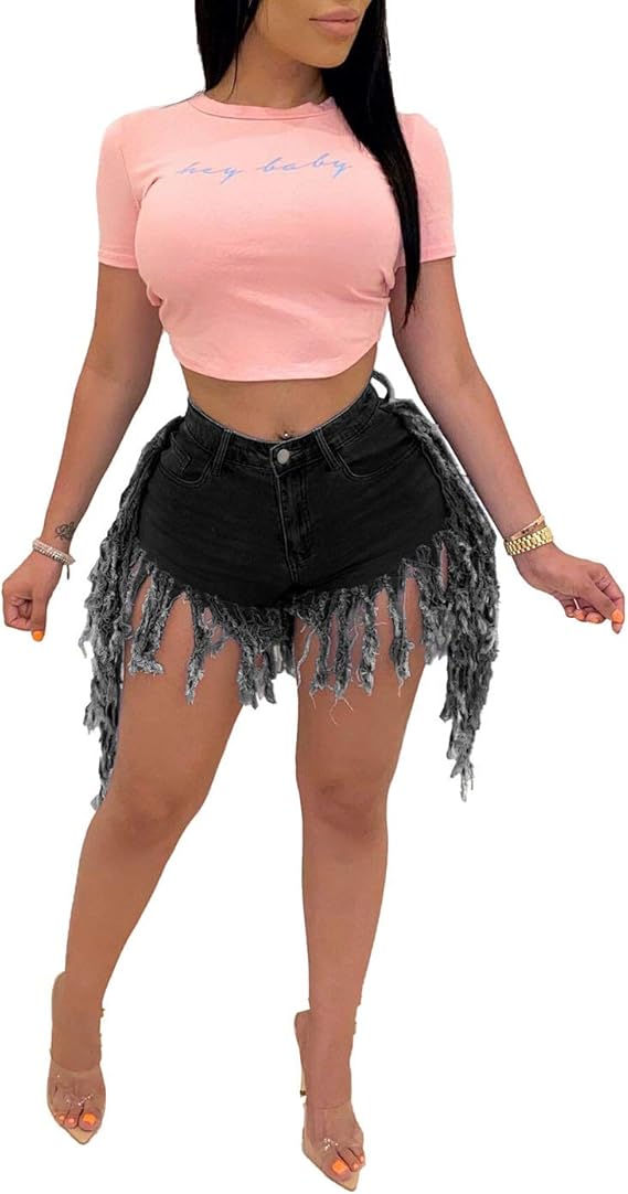 Jean Shorts for Women Juniors, Summer High Waisted Stretchy Frayed Raw Hem Tassels Denim Shorts