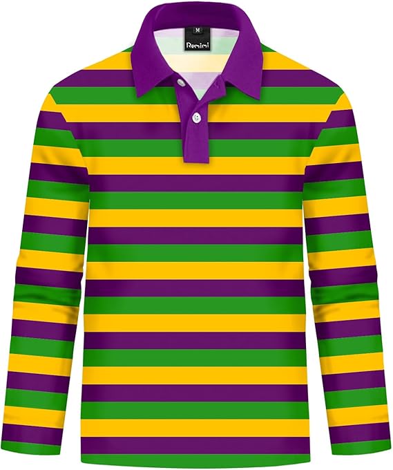 Lightweight Long Sleeve Tri-Stripe Polo Crop-top Shirt Mardi Gras