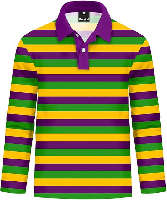 Lightweight Long Sleeve Tri-Stripe Polo Crop-top Shirt Mardi Gras