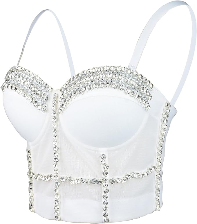 WHITE DIAMOND MESH BUSTIER CORSET CROP TOP