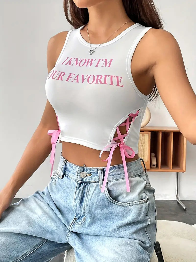 WOMENS SLEEVELESS PUNK RIBBON "YOUR FAV" TANK CROP TOP