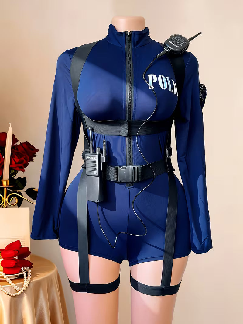 4Pcs Policewoman Bodycon Jumpsuit Costume Accessories Set