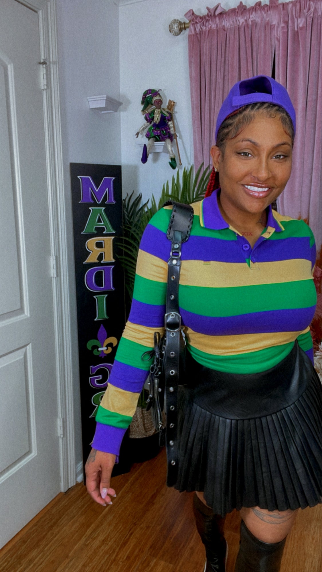 Womens Long Sleeve Striped Polo Shirt Mardi Gras