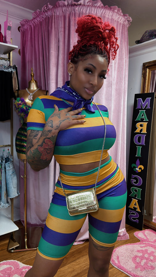 Short Sleeve Crop Tank Top with Short Sets Mardi Gras