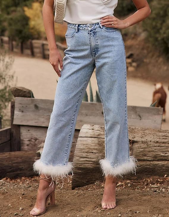 HIGH WAISTED DENIM FEATHER TRIM MOM JEANS