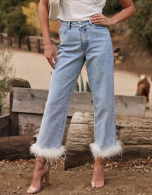 HIGH WAISTED DENIM FEATHER TRIM MOM JEANS