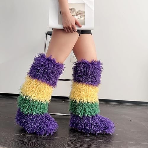 Mardi Gras Knee High Mongolian Faux Fur Boots PREORDER