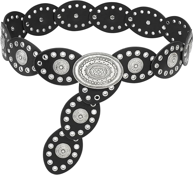 Wide Disc Belt for Women Leather Oval Belt Western Vintage Waist Belts