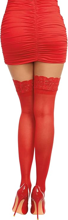 Women's Silicone Lace Top Sheer Thigh High Socks Stockings, One Size (RED)