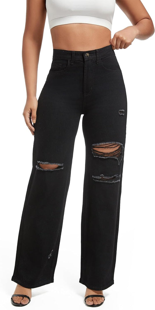 HIGH WAISTED BLACK DISTRESSED DENIM MOM JEANS