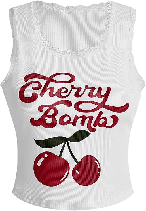 Women's Letter Cherry Print Lace Tank Top Crewneck Rib Knit Vest Top "CHERRY BOMB"