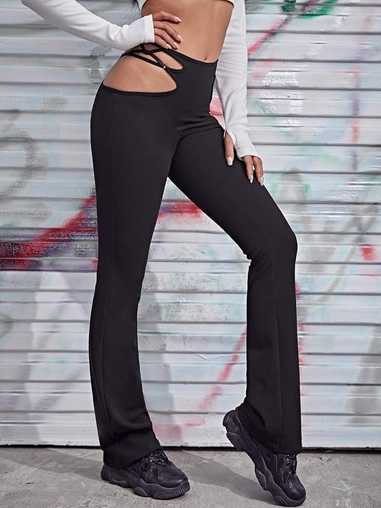 Women's Mid Waist Cut Out Laddering Stretch Comfy Flare Leg Night Out Pants