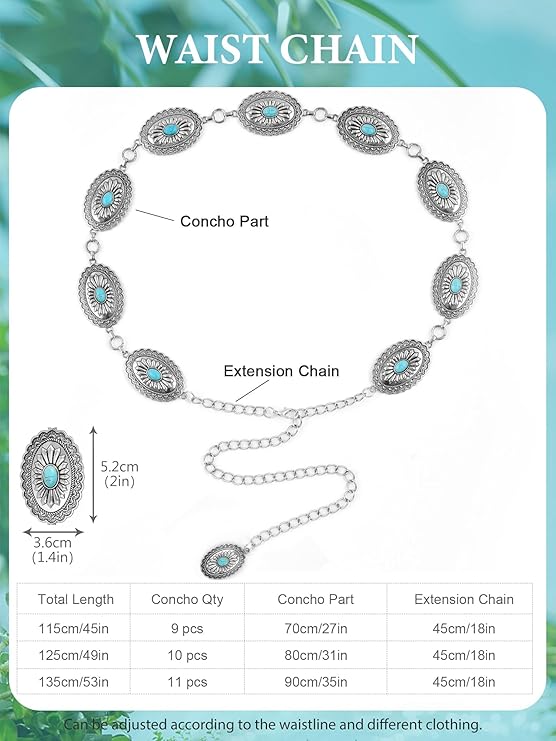 Concho Chain Western Cowgirl Turquoise Metal Belt