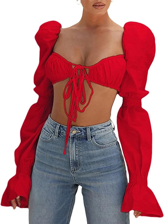 Women's Sexy Self Tie Front Ruched Puff Long Sleeve Crop Top Blouse Red