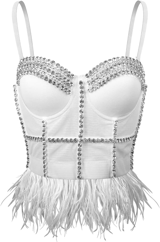 WHITE DIAMOND MESH FEATHER BUSTIER CORSET CROP TOP