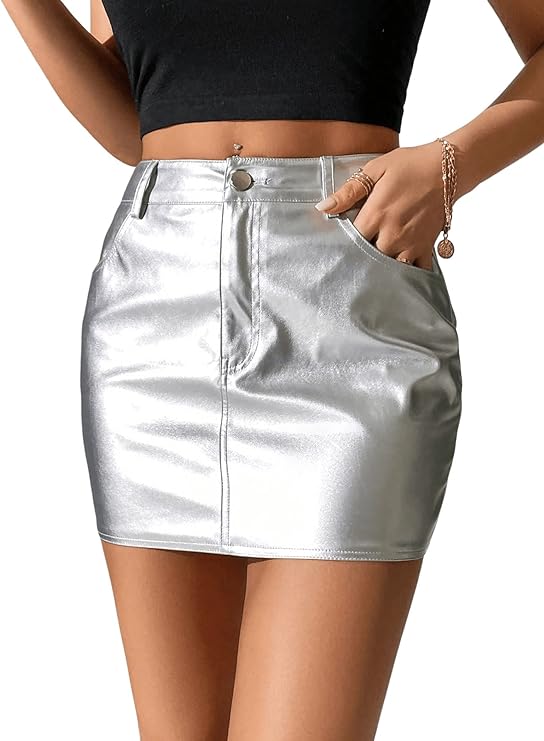 Women's Metallic Denim Button Skirt Mini Pencil Party Jean Skirts with Pocket