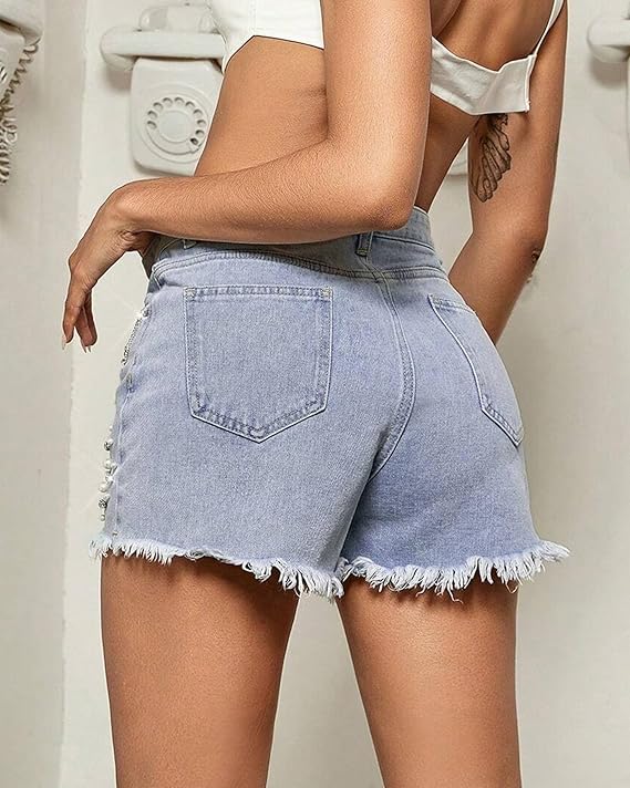 Women's Between Us Distressed Rhinestone Pearl Beaded Denim Shorts