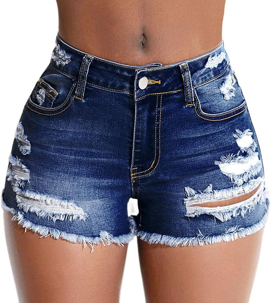 CELLO Women's Ripped Denim Shorts Mid Waist Casual Frayed Raw Hem Distressed Jean Shorts