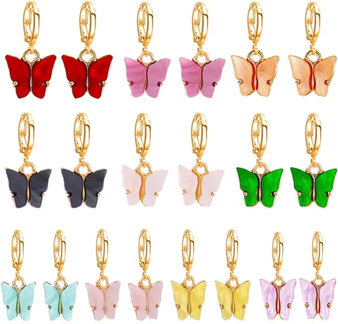 Butterfly Huggie Hoop Earrings Set for Women Girls Cute Colorful Acrylic Gold Plated Dangle Drop Statement Earrings Teen Kids Trendy Jewelry Gift